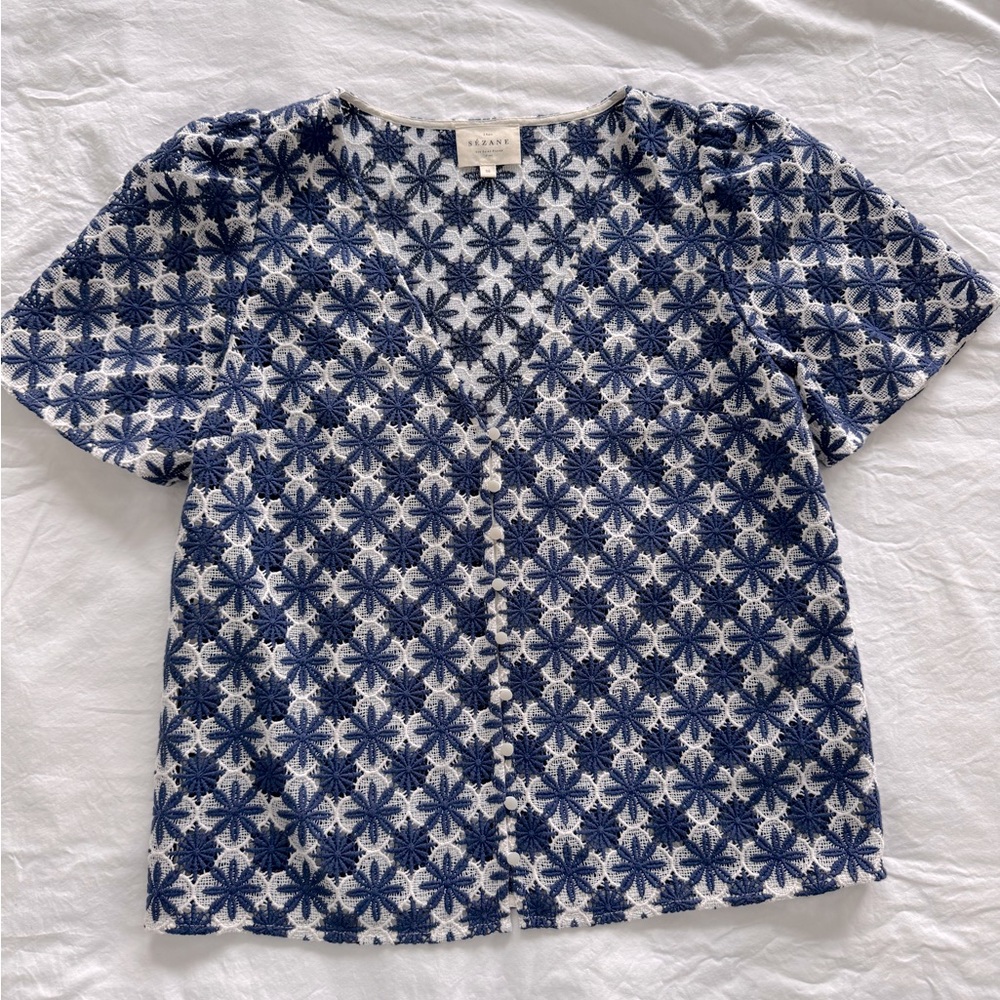 Sezane Emma Blouse, blue and white, size S